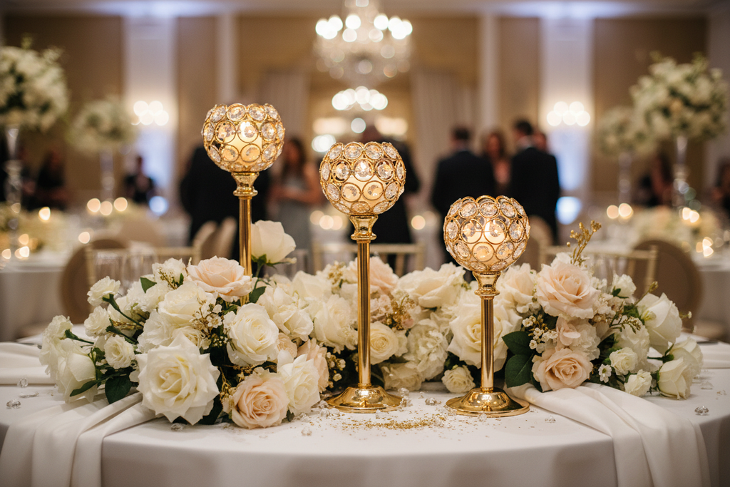 Bougeoirs cristal dorés centre de table mariage