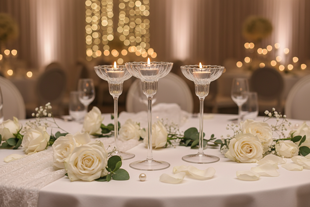 Bougeoirs en verre élégants sur table de mariage
