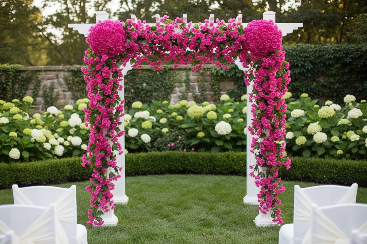 Guirlande rose fuchsia arche mariage