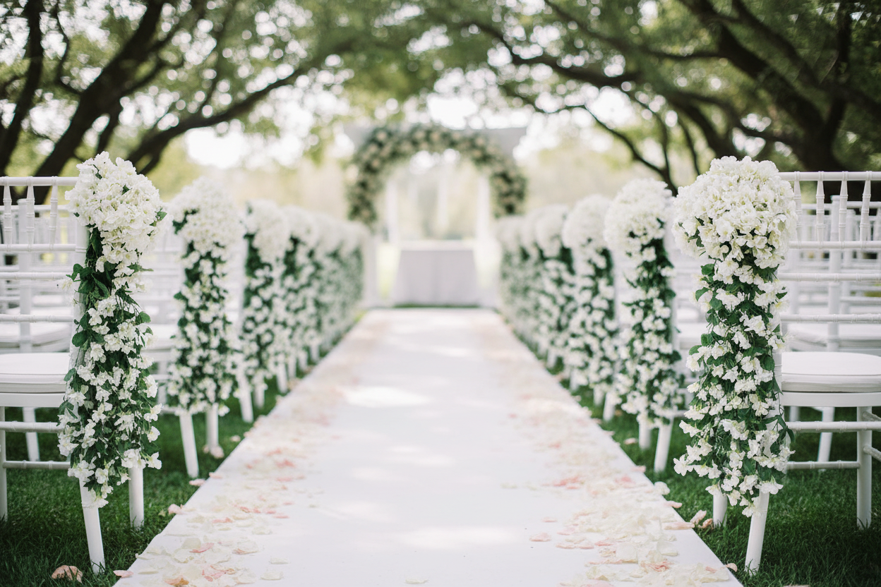 Guirlandes blanches sur chaises cérémonie