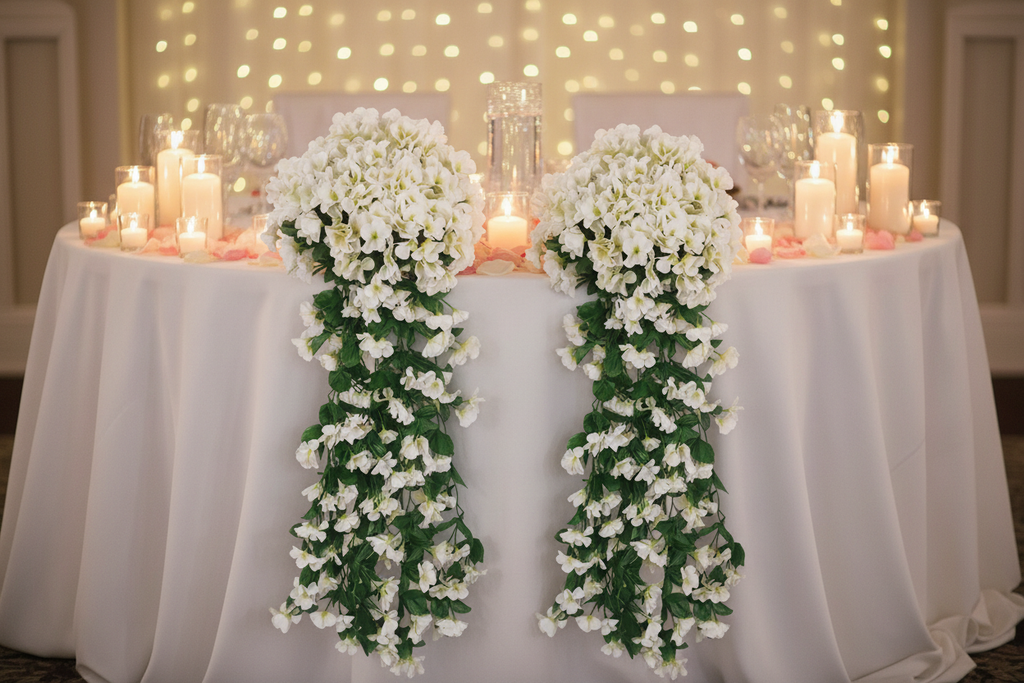 Guirlandes blanches sur table des mariés