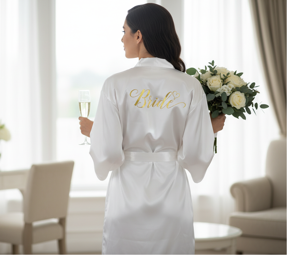 Peignoir blanc mariée avec inscription Bride dorée