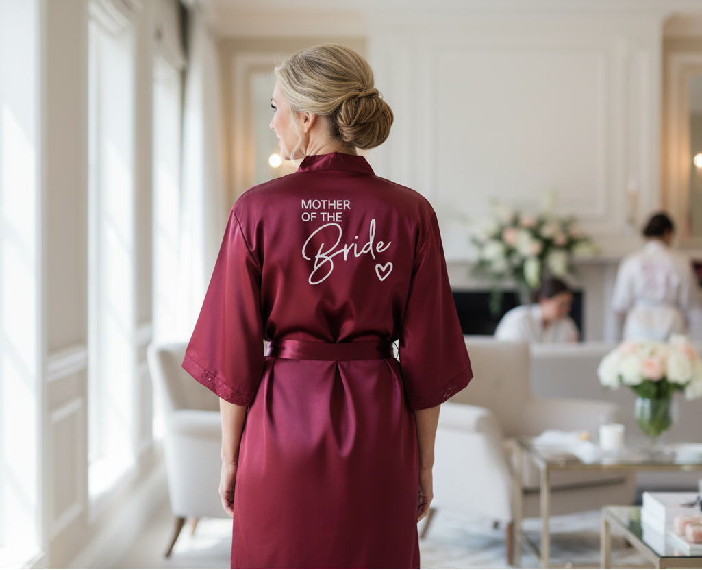 Peignoir bordeaux Mother of the Bride porté