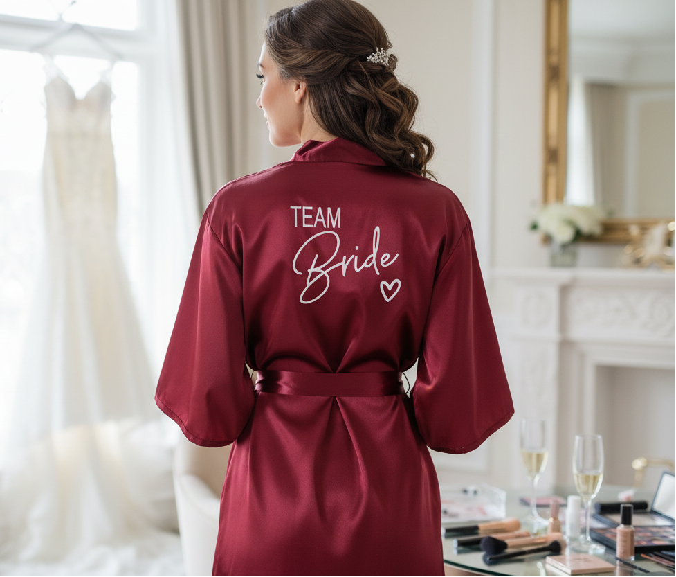 Peignoir bordeaux Team Bride porté