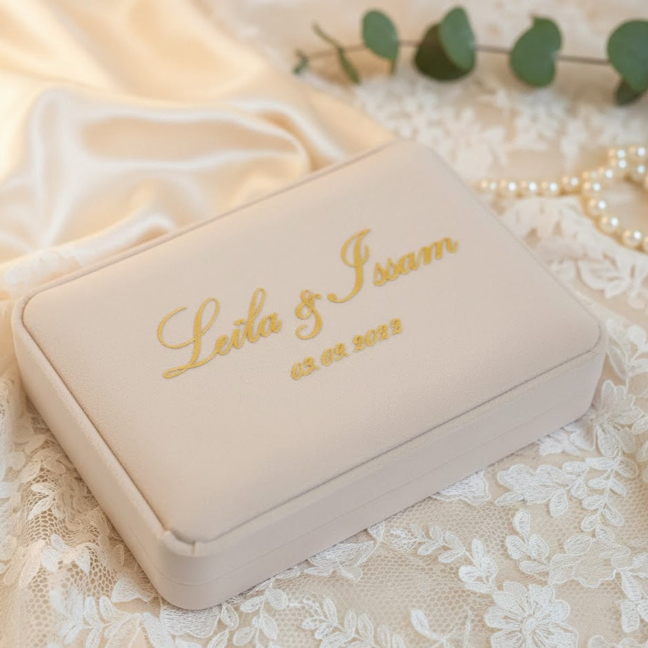 Boîte à bijoux en flanelle personnalisée – Coffret élégant pour mariage & cadeaux